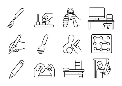 Occupational Therapy Icons. Outline icon set of occupational therapy: adaptive tool, fine motor skill, grip