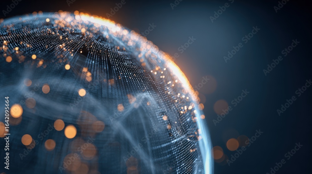 Poster abstract globe with glowing particles: conceptual technology, data visualization and global network 