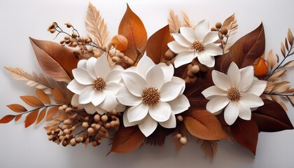 elegant autumn floral arrangement with white flowers and brown leaves for decor