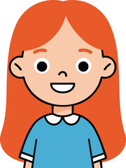Red hair girl smiling in blue shirt simple cartoon vector illustration for children and education materials