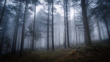 Fototapeta premium eerie fog blankets a dense forest creating a spooky atmosphere perfect for halloween misty woods evoke a sense of mystery and foreboding ideal for autumnal and supernatural themes