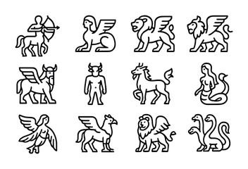 Legendary Beings Icons. Outline icon set of hybrid legendary beings: centaur, sphinx, chimera, manticore,