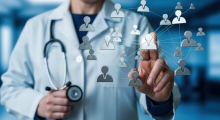 Doctor Connecting with Virtual Patients Through a Digital Network for Healthcare and Telemedicine Solutions