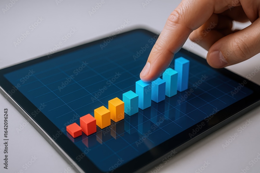 Poster analyzing business growth on a digital tablet display with rising bar chart and pointing finger