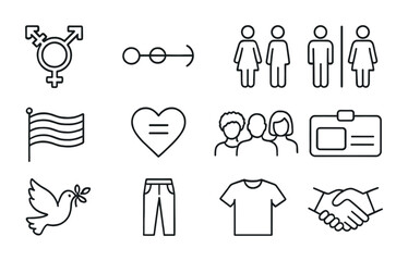 Inclusive Gender Icons. Outline icon set of gender inclusivity: nonbinary symbol, gender spectrum, pronoun