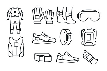 VR Accessories Icons. Outline vector icons of wearable VR accessories: sensor suit, feedback gloves, leg