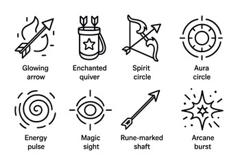 Magical Archery Icons. Outline vector icons of magical archery: glowing arrow, enchanted quiver, spirit bow,