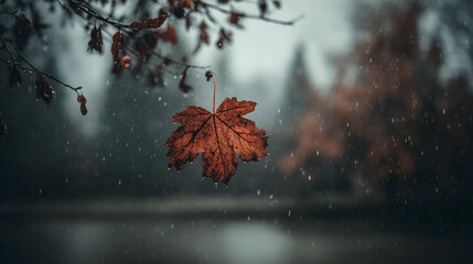 Solitary Maple Leaf in Autumn Rain.
