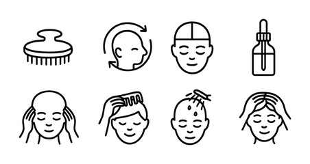 Fototapeta premium Head Massage Icons. Outline vector icons of scalp and head massage: scalp brush, circular motion, head zone
