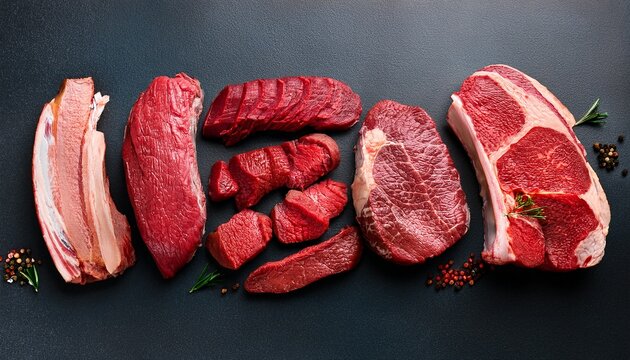 different cuts of beef on a dark surface