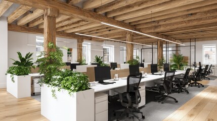 Bright Modern Office Space with Natural Wood Beams and Green Plants, Perfect for Collaboration