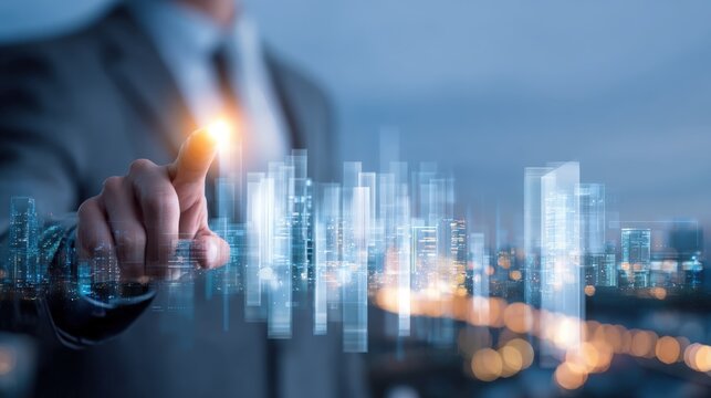 Businessman Touching Futuristic Cityscape Interface, Representing Innovation, Technology and Urban Development, Featuring Abstract Light Effects