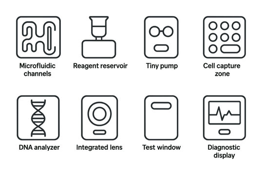 Lab-On-A-Chip Icons. Outline vector icons of lab-on-a-chip diagnostics: microfluidic channels, reagent