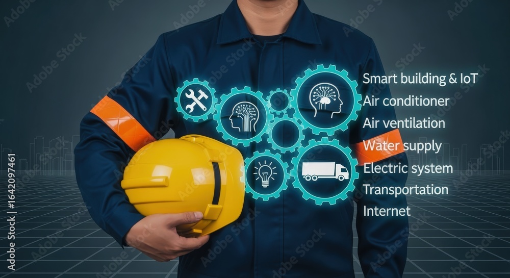 Aufkleber smart building technology integration: worker holding hard hat with building systems visualization