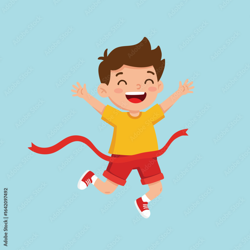 Poster Happy boy crossing finish line in running race with red ribbon and joyful expression vector illustration 