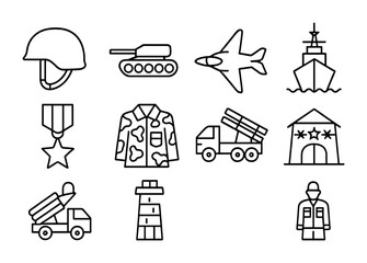 Military Icon Set. Outline icon set of military and defense: army helmet, tank, fighter jet, navy ship, medal,