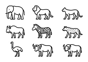 Savanna Animal Icons. Outline icon set of savanna animals: elephant, lion, cheetah, wildebeest, zebra, hyena,