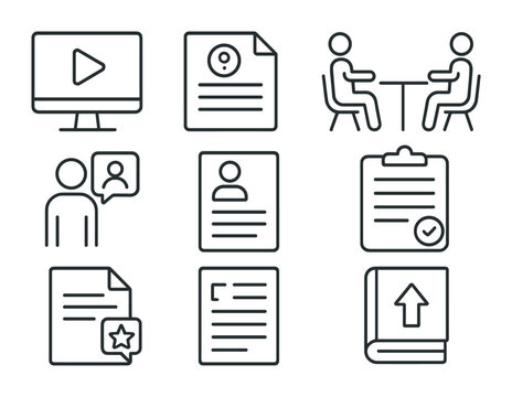 Interview Prep Icons. Outline icon set of interview preparation resources: online courses, practice questions,