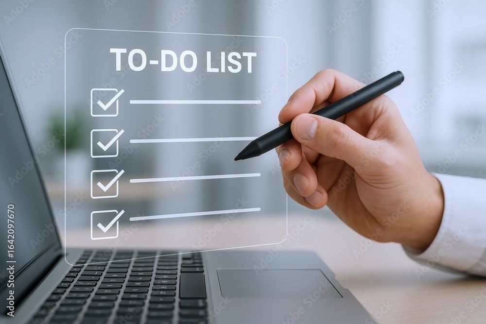 Poster completing digital to-do list on laptop: task management and productivity concept for modern profess