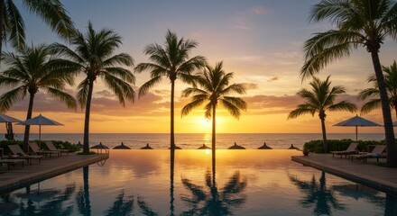 Tropical resort pool at sunset, with palm trees and beach umbrellas reflected in the water.