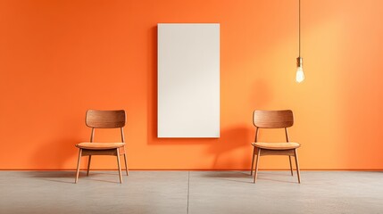 Modern Living Room Interior with Blank Canvas, Chairs, and Stylish Orange Wall for Mockup Display
