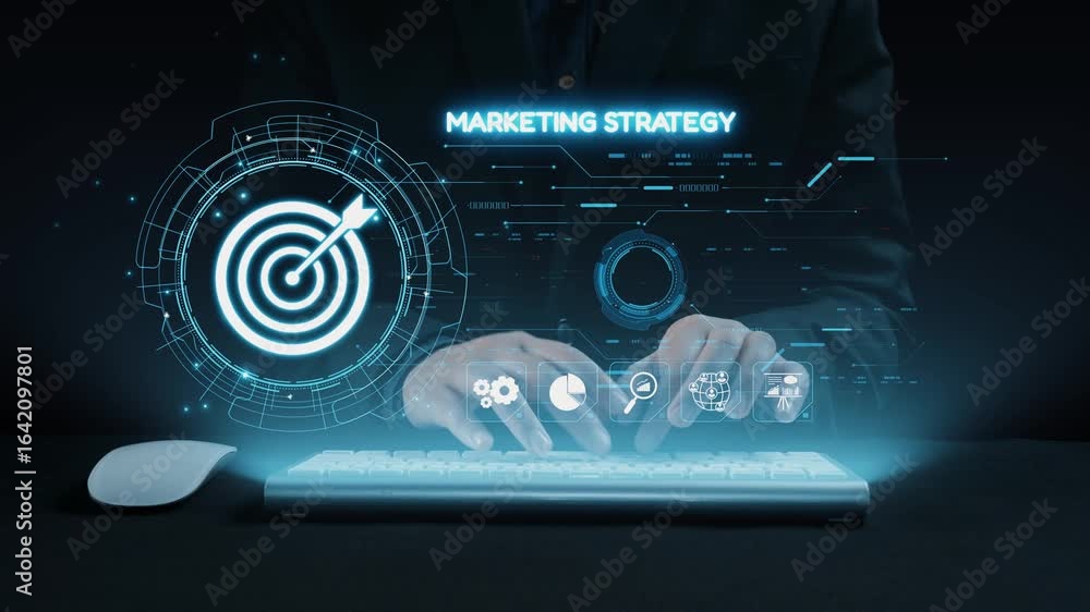 Aufkleber a person types on a sleek keyboard, surrounded by a glowing interface that features marketing strate