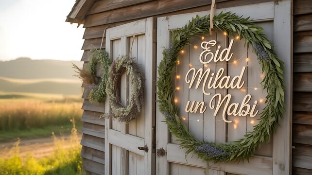 Rustic barn doors decorated with wreaths and 'eid milad un nabi' sign