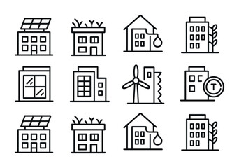 Sustainable Building Icons. Outline icon set of sustainable urban buildings: solar panels, green rooftop,