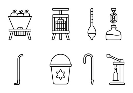 Cider Making Tools. Outline icon set of cider production tools: apple crusher, juicing machine, hydrometer,