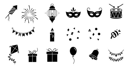 Vector art of set of celebration and party icons including fireworks, masks, gifts, and decorations