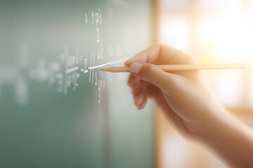 Teacher writing algebra equations on green chalkboard