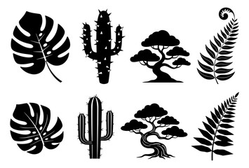 Vector art of collection of plant and tree icons featuring cactus, monstera, bonsai, and fern silhouettes