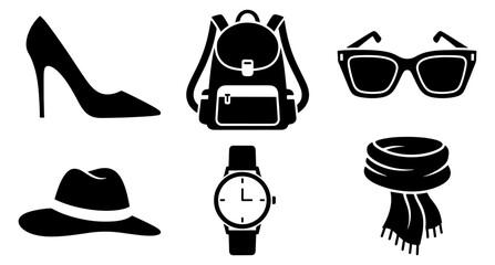 Vector art of fashion accessories collection including high heel shoe, backpack, sunglasses, hat, watch, and scarf, isolated on white background