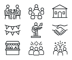 Community Gathering Icons. Outline icon set of community gatherings: shared meal, group circle, community