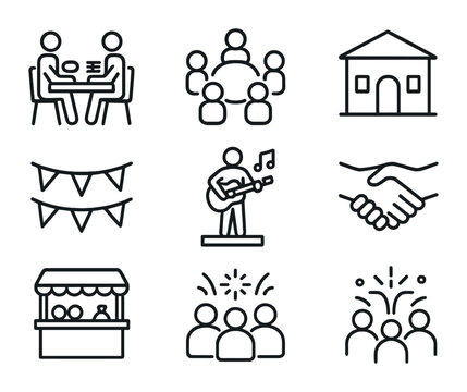 Community Gathering Icons. Outline icon set of community gatherings: shared meal, group circle, community