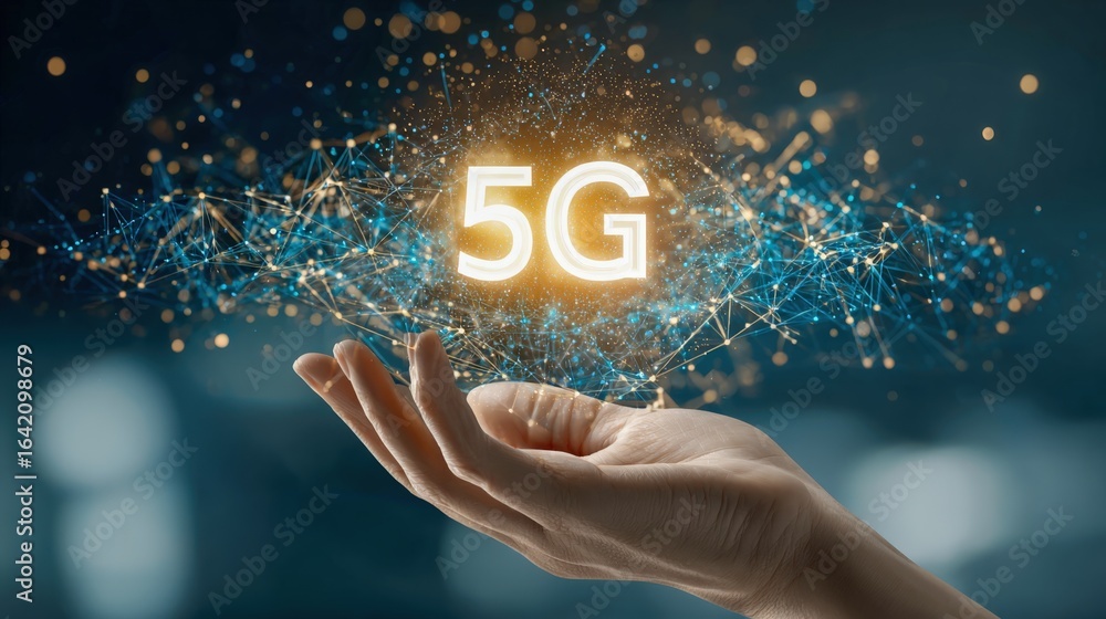 Poster 5g technology concept: hand presenting high-speed wireless network with abstract data visualization 