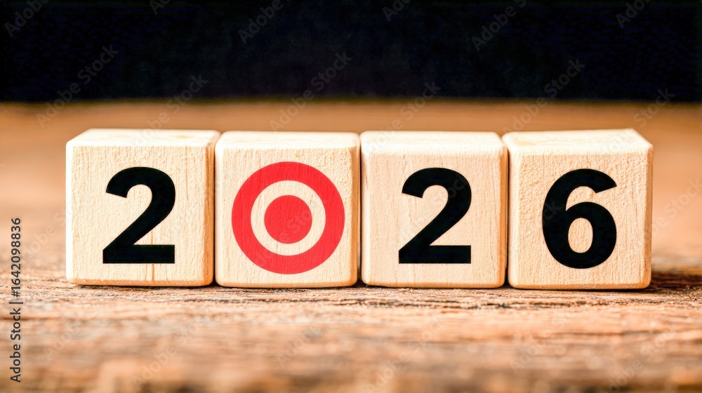 Aufkleber wooden blocks displaying the year 2026 with a red circle symbolizing goals and future projections