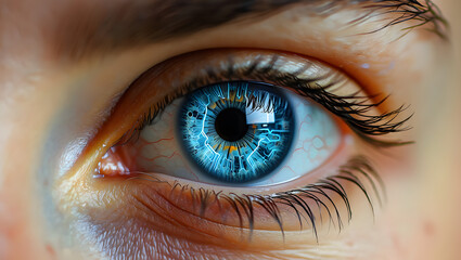 Fototapeta premium Futuristic blue eye with intricate circuitry iris pupil