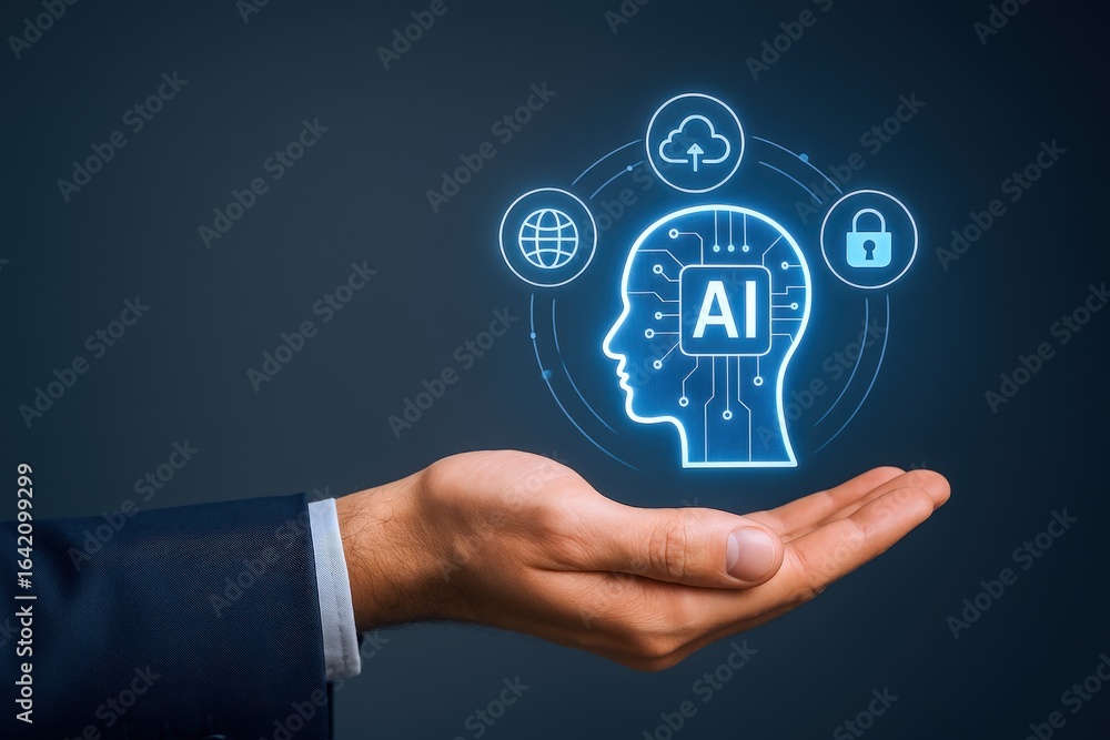 Poster ai innovation: hand presenting artificial intelligence icon with cloud computing and security featur