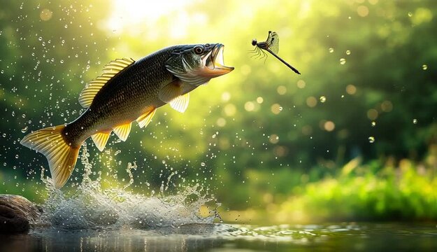 largemouth bass fish leaping out of the water towards a dragonfly mid-air, water droplets flying, splash effect