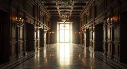 A grand, ornate hallway with wooden paneling, chandeliers, and a bright doorway.