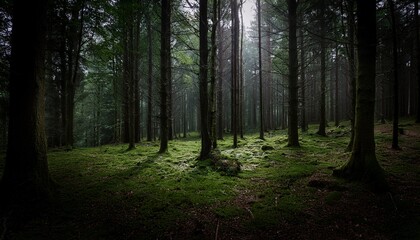 Obraz premium dark forest scene with tall trees mossy ground and dim lighting