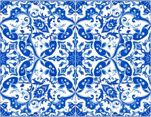 Blue and White Decorative Tile Design with Floral and Geometric Motifs. Turkish style 