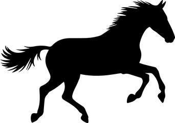  Horse galloping away rear view silhouette vector, black horse tail flowing isolated on white background