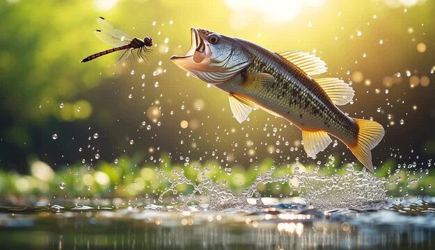largemouth bass fish leaping out of the water towards a dragonfly mid-air, water droplets flying, splash effect
