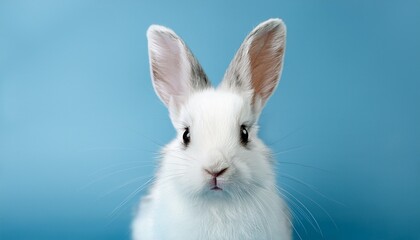 cute fluffy white bunny with long ears sits against a soft light blue background