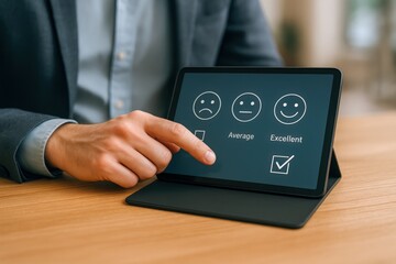 Customer Satisfaction Survey on Tablet Device Showing Excellent Rating, Man's Hand Indicates Positive Experience