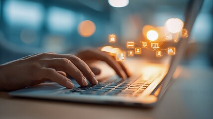 Hands Typing on Laptop with E-commerce Icons Overlay, Representing Online Shopping and Digital Marketing