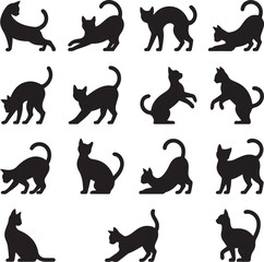 Collection of black cat silhouettes in various dynamic poses and actions