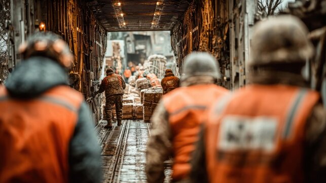 Aid workers loading supplies into a truck, ready for deployment to affected areas
